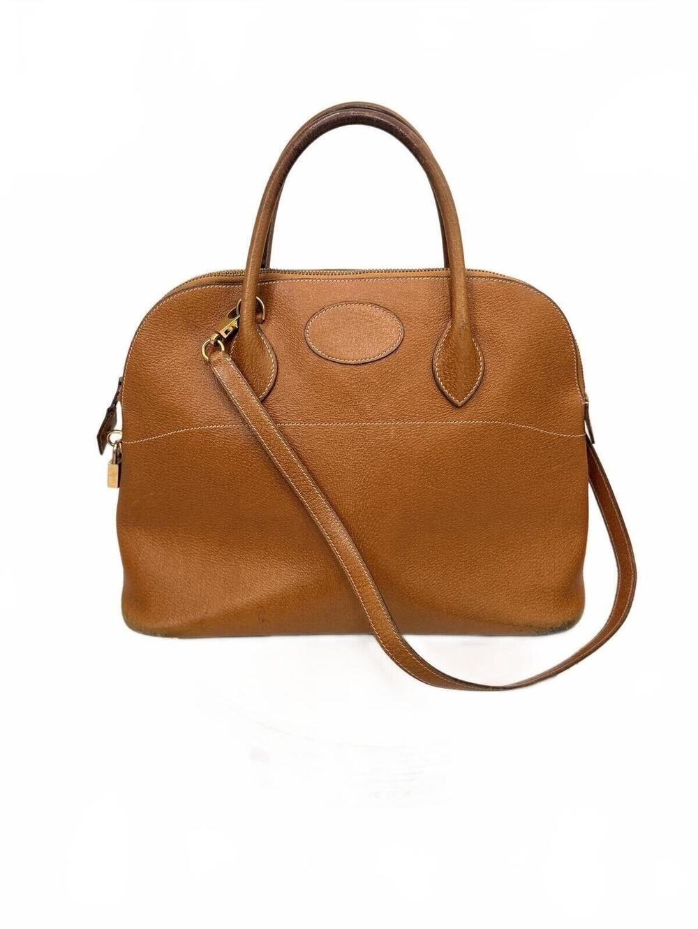 Vintage Hermes Bolide 35 Gold Tan Grained Leather Bag Gold Hardware